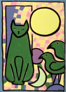Sun Cat, 2000 (óleo, pastel e tinta indiana sobre papel) de Bodel Rikys