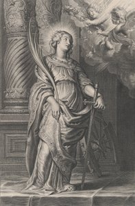 Santa Catarina segurando folhas de palmeira e uma espada, dois putti no alto segurando um laure..., ca. 1625-59.