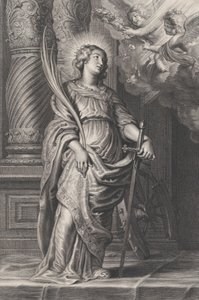 Santa Catarina segurando folhas de palmeira e uma espada, dois putti no alto segurando um laure..., ca. 1625-59.