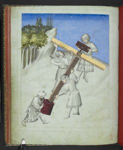 Acrescentar 24189, f.11v, A montagem da cruz de Cristo, de quatro tipos diferentes de madeira, representada em cores diferentes, do 