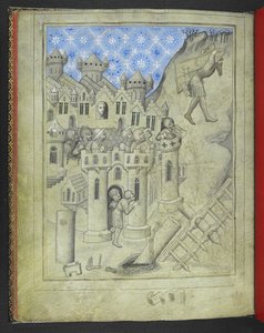 Acrescente 24189. f.16v, Sansão carregando os portões de Gaza, vigiado das muralhas da cidade por soldados blindados e, a uma janela, Delilah, do 