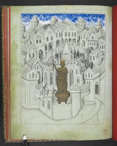 Adicionar 24189, f.9v, A cidade de Constantinopla, com uma grande estátua do Imperador Justiniano em pé diante da catedral de Santa Sofia, do 