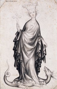Santa Margarida de Antioquia (morta ca. 305) (Santa Margarida) (segurando um crucifixo e espetando um dragão) - Trabalho de um mestre boémio (activo 1410-1420), lápis e escova sobre papel (21,4x14 cm), ca. 1410 - Szepmuveszeti Muzeum, Budapeste (Hungria) de Bohemian School