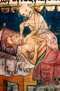 a mort etranglant un pestifere - Morte Estrangulando uma Vítima da Peste - Miniature extraite du codex Stini, Boheme de Bohemian School