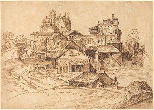 Vista de uma cidade italiana (depois de Ticiano ou Domenico Campagnola) de Bolognese 17th Century