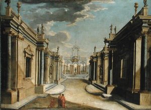Um Capriccio Arquitetônico Retratando a História das Filhas de Minyas (óleo sobre tela) de Bolognese School