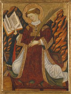 São Lourenço de Roma (ca. 210-258) (em traje de diácono lendo a Bíblia e segurando a palma dos mártires, ajoelhado sobre a grelha da sua tortura) - Pintura de Bonanat Zaortiga (activo século XV), tempera sobre madeira (80,2x62 cm), ca. 1430 - São Lourenço,