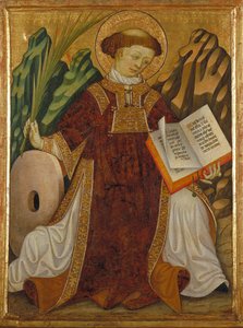 São Vicente de Saragoça (século IV) (traje de diácono lendo a Bíblia e segurando a palma dos mártires, perto da mó de sua tortura) - Pintura de Bonanat Zaortiga (século XV ativo), têmpera sobre madeira (80,2x61) , 5 cm), por volta de 1430 - São Vicente,
