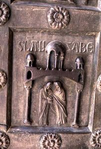 Painel que mostra a Visitação na Porta di S. Ranieri de Bonannus of Pisa
