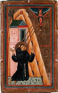 A vida de São Francisco de Assis "São Francisco recebendo estigmas" Jesus Cristo crucifica-lhe como um serafim. Pintura em madeira por Bonaventura Berlinghieri (ativo por volta de 1228-1274), Dim. 80x51 cm Galleria degli Uffizi (Escritórios) Florença de Bonaventura Berlinghieri