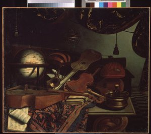 "Nature morte aux instruments de musique" (Natureza morta aux instruments de musique) Globo, flauta, partição, violeta, guitare. Peinture de Bonaventura Bettera (1663-1718) 1715 Musee Pouchkine, Moscou de Bonaventura Bettera