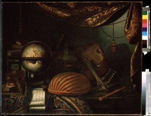 "Nature morte aux instruments de musique" (Natureza morta aux instruments de musique) Globo, flauta, partição, violeta, guitare. Peinture de Bonaventura Bettera (1663-1718) 1715 Musee Pouchkine, Moscou de Bonaventura Bettera