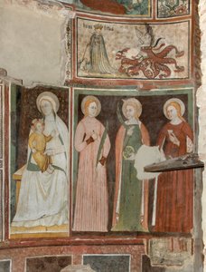 Transept Norte, Altar de São Miguel Arcanjo, Atrás do Altar, os Frescos de Bonifácio Bembo, Virgem e Criança Santa Aquilina e Santa Catarina de Alexandria, Acima símbolo da Umilitas de Bonifacio Bembo