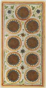 The Nine of Coins, fac-símile de uma carta de tarô do deck &39;Visconti&39;, 1441-47
