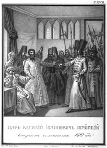 Consagração monástica do czar Vasili Ivanovich Shuisky, 1610 De Illustrated Karamzin, 1836 de Boris Artemyevich Chorikov