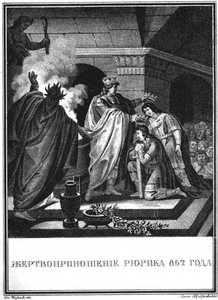 Príncipe Ruriks sacrifica. 862 De Karamzin ilustrado, 1836 de Boris Artemyevich Chorikov