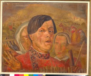 Autoportrait au coq et a la poule (Auto-retrato com o galo e a galinha) - Peinture de Boris Dmitrievich Grigoriev (1886-1939), vers 1924 - Huile sur toile - Dim : 60,4x73,5 cm - Colecção privee de Boris Dmitrievich Grigoriev