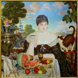 Mulher mercante no chá de Boris Mikhailovich Kustodiev