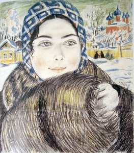 A esposa de um jovem comerciante em um lenço xadrez par Kustodiev, Boris Michaylovich (1878-1927) de Boris Mikhailovich Kustodiev