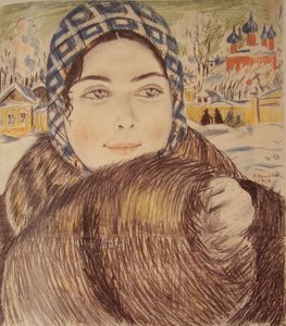 Uma esposa de comerciantes jovens em um lenço xadrez, 1919 de Boris Mikhailovich Kustodiev