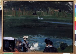 Bois de Bolonha. O lago com cisnes e caminhantes. Pintura de Boris Michaylovich Kustodiev (Kustodiev) (1878-1927), óleo sobre tela de Boris Mikhailovich Kustodiev
