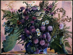 Buquê de flores finlandesas. (ramalhete de flores finlandês). Pintura de Boris Michaylovich Kustodiev (Kustodiev) (1878-1927), óleo sobre tela de Boris Mikhailovich Kustodiev