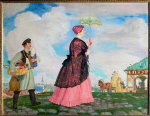 Mulher comerciante com suas compras. (Mulher do comerciante com compras). No caminho de volta, a mulher elegante sob seu guarda-sol é seguida por uma balconista que transporta suas compras. Pintura de Boris Michaylovich Kustodiev (Kustodiev) (1878-1927), ó de Boris Mikhailovich Kustodiev