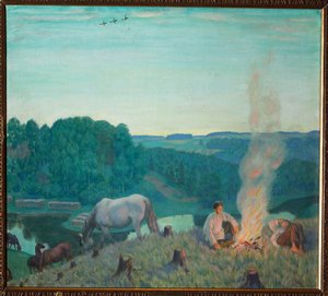 Fogueira. Uma paisagem de verão à noite, os jovens descansam à volta de uma fogueira na margem de um rio. À sua volta, silêncio, serenidade e cavalos pastam tranquilamente. Pintura de Boris Michaylovich Kustodiev (Kustodiev) (1 de Boris Mikhailovich Kustodiev