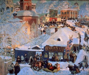 Inverno, Mardi Gras (Inverno, Schrovetide). Festas tradicionais nas ruas cobertas de neve de uma cidade provinciana. Além da descrição dos edifícios da cidade, os aglomerados de balão, um carrossel, as montras das tabernas e os trenós puxados por de Boris Mikhailovich Kustodiev