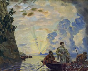 O líder cossaco Stepan (Stenka) Timofeievitch Razine (1630-1671) num barco. Liderou uma revolta contra a nobreza e a burocracia czarista no sul da Rússia (Stepan Razin). Pintura de Boris Michaylovich Kustodiev (Koustodiev) (1878-192 de Boris Mikhailovich Kustodiev