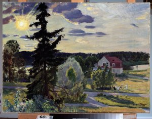 Paisagem nocturna. Um grupo de crianças a brincar com uma bola no relvado em frente de uma casa. Pintura de Boris Michaylovich Kustodiev (Kustodiev) (1878-1927), óleo sobre tela de Boris Mikhailovich Kustodiev