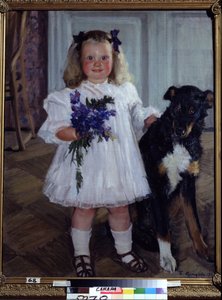 Retrato da Filha Irina com o Cão Shumka. Pintura de Boris Michaylovich Kustodiev (Kustodiev) (1878-1927), óleo sobre tela de Boris Mikhailovich Kustodiev