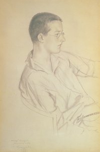 Retrato de Dmitri Dmitrievich Shostakovich (1906-75), 1923 (lápis sobre papel) de Boris Mikhailovich Kustodiev