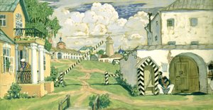 Design de palco para peça de Alexander Ostrovsky &39;The Fiery Heart&39;, 1911 (guache e têmpera sobre papelão) de Boris Mikhailovich Kustodiev