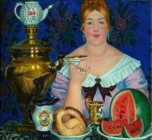 A esposa do comerciante bebendo chá, 1923 de Boris Mikhailovich Kustodiev