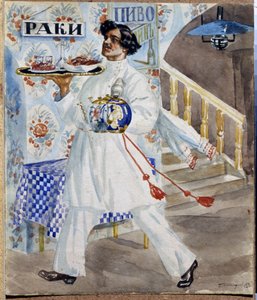 Um empregado de mesa russo numa taberna de Moscovo com uma bandeja de comida e chá (empregado de mesa). Pintura de Boris Michaylovich Kustodiev (Koustodiev) (1878-1927) de Boris Mikhailovich Kustodiev