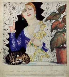 Une femme russe a sa fenetre (Uma garota russa na janela). Uma mulher de cabelos louros e arrumada (vestido, joias, xale e charme) afasta a cortina de renda de sua janela. Na borda, uma planta verde e um gato rolam em uma bola. Obra de Boris Michaylovich K de Boris Mikhailovich Kustodiev