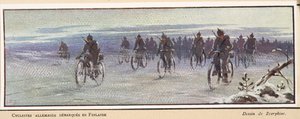 Ciclistas alemães chegando na Finlândia; do Histoire des Soviets, pub. 1922 (cor litho) de Boris Vasilievich Zvorykin