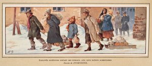Trabalhadores soviéticos deixando o escritório com suas rações alimentares, da Histoire des Soviets, pub. 1922 (cor litho) de Boris Vasilievich Zvorykin