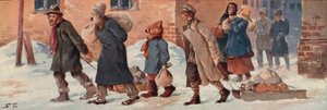 Trabalhadores soviéticos deixando seus escritórios com suas rações alimentares (cor litho) de Boris Vasilievich Zvorykin