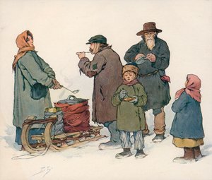 Mulher vendendo sopa quente na rua na Rússia soviética (cor litho)