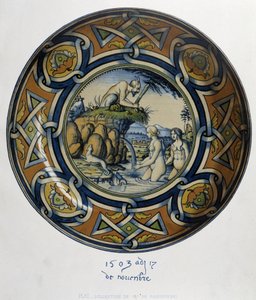 Actéon surprising Artemis (diane) au bain - in "Collection of Italian faiences of the XV, XVI and XVIIIth century", projectado por C. Delange e C. Borneman, ed. Delange, Paris de Bornemann Bornemann