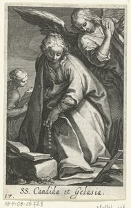 Santa Cândida e Santa Gelasia como eremitas com anjo
SS. Candida et Gelasia (título sobre o objecto)
Eremitesses (título da série)
Sacra Eremus Ascetriarum (título da série) de Boëtius Adamsz. Bolswert