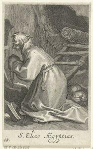 Santo Elias de Cesareia como um eremita S. Elias Aegyptius (título no objeto) Eremitas (título da série) Sacra eremvs ascetarvm (título da série) de Boëtius Adamsz. Bolswert