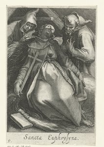 Santa Euphrosina de Alexandria como eremita
Sancta Euphrosyna (título sobre o objecto)
Eremitesses (título da série)
Sacra Eremus Ascetriarum (título da série) de Boëtius Adamsz. Bolswert