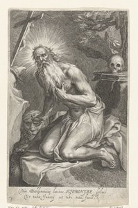 São Jerónimo de Belém como eremita
Dùm Bethlemiticis latitas (...) tibi tuta facis (título sobre o objecto)
Eremitas (título da série)
Ad sacrum speculum (...) patribus dat ales (título da série) de Boëtius Adamsz. Bolswert