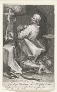 Heilige Jacobus van Nisibis als kluizenaar Cede sapor Nysibaenus (...) Persica foge do acampamento (título no objeto) Kluizenaars (título da série) No espelho sagrado (...) dá asas aos pais (título da série) de Boëtius Adamsz. Bolswert