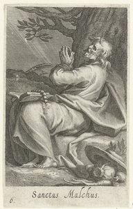 São Malco de Cálcis como um eremita Sanctus Malchus (título no objeto) Eremitas (título da série) Sacra eremvs ascetarvm (título da série) de Boëtius Adamsz. Bolswert
