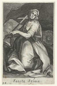 Santa Sílvia de Roma como ermitã
Sancta Syluia (título sobre o objecto)
Eremitesses (título da série)
Sacra Eremus Ascetriarum (título da série) de Boëtius Adamsz. Bolswert