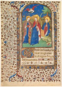 Folha de um livro de horas: Sts. Geneviève, Catarina de Alexandria e Margaret reto ..., c. 1415 de Boucicaut Master